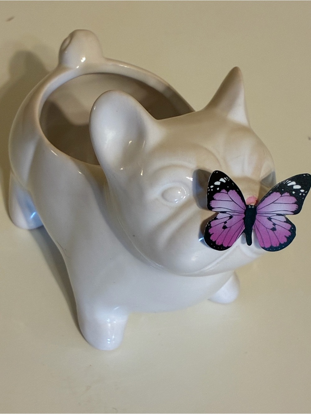 Spritz White Ceramic French Bulldog Vase with Pink Butterfly Accent